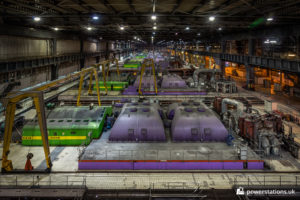View over the 8 lines of turbines in the turbine hall