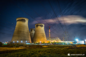 Ferrybridge C cooling towers and one chimney at night